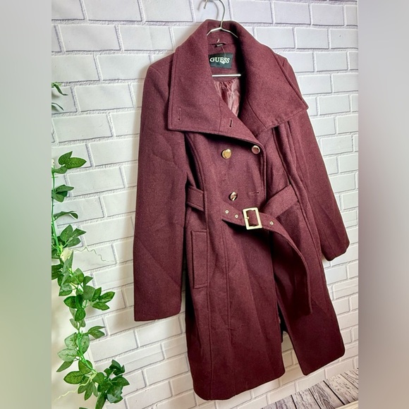 Guess Double-Breasted Belted Wool burgundy-wine  Coat - Women's/size S - Picture 11 of 11